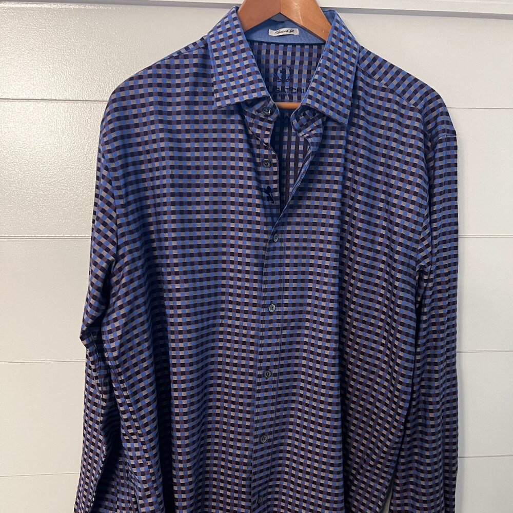 Bugatchi Purple, Navy, & Gray Plaid Dress Shirt Men's XL Large